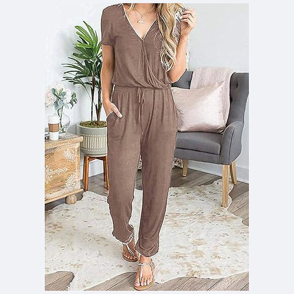 Women's Summer Casual Deep V Neck Short Sleeve Wrap Drawstring Dark Khaki - Picture 2 of 5